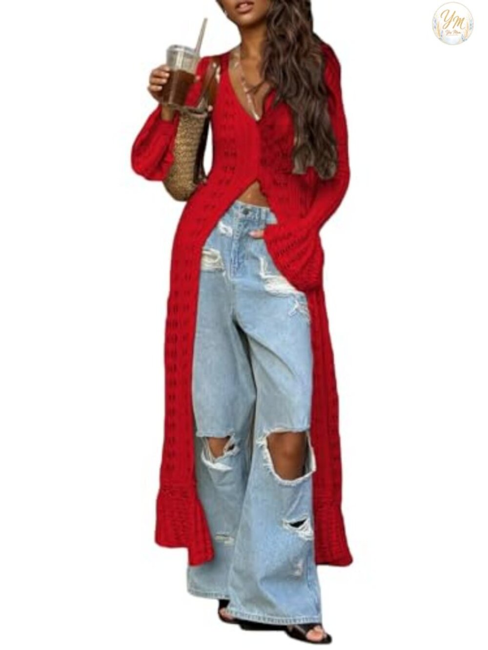 Long Cardigan Women Crochet Hollow Out Knit Sweater Cover Up Maxi Dress